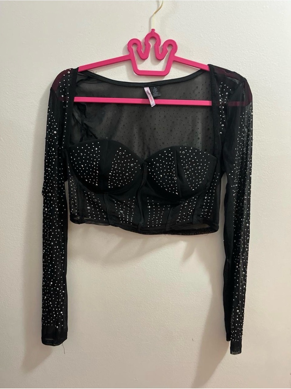 Love By Design Black Sheer Rhinestone Bustier Crop Top